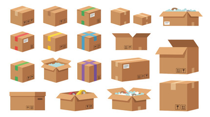 Collection of various cardboard boxes with different sizes and packaging materials.