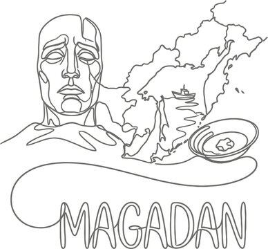 Mask of Sorrow monument and Magadan map vector illustration