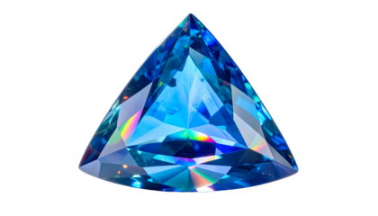 A stunning, vibrant, triangular gemstone against a black backdrop