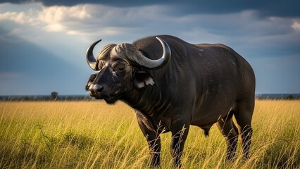 Obraz premium An African buffalo stands in golden savanna grass illuminated by warm sunlight.