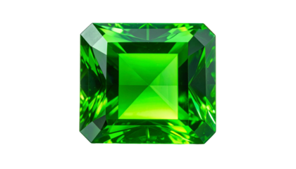 Square-cut gemstone, vibrant green, facets catching light, black background