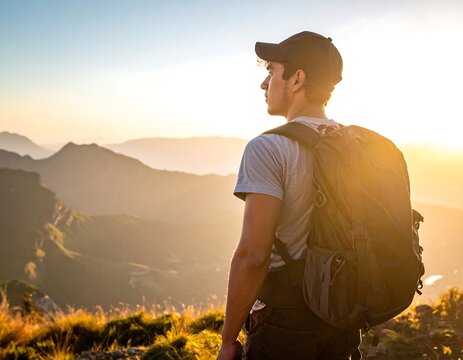 Man with backpack atop mountain gazing toward hazy sunlit peaks in serene nature scene