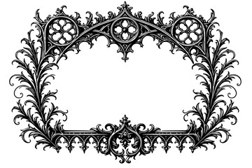 ornate gothic oval frame with intricate medieval floral tracery and decorative black and white vintage engraving style border 