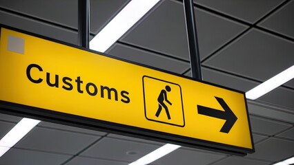 Airport Customs Sign: Yellow Directional Arrow & Person Icon for Travel Navigation - Modern Terminal Guidance
