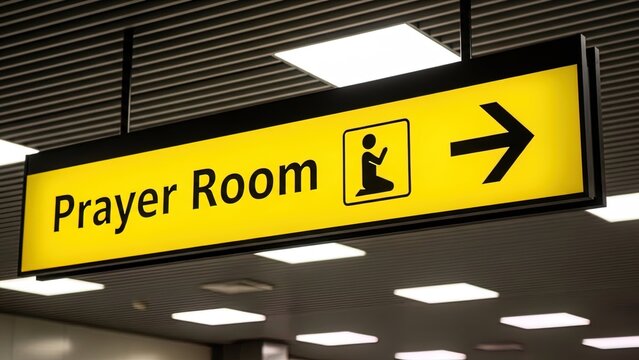 Illuminated Yellow Prayer Room Sign with Prayer Icon & Arrow - Directional Wayfinding for Worship Spaces