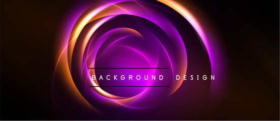 Abstract circular design. Vibrant purple, orange hues blend. Dark background emphasizes glowing layers, creating dynamic visual effect.