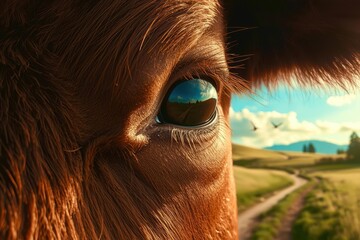 A cow's eye is shown in a field with a road in the background