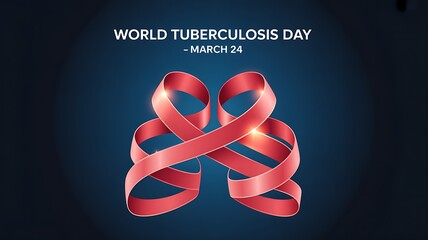 Red Ribbon Symbol on Dark Blue Background for Tuberculosis Day