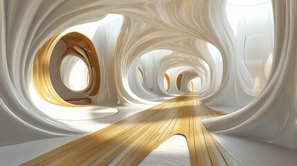 Futuristic, organic corridor with smooth, white walls and a warm, golden-brown wooden path. Interior design