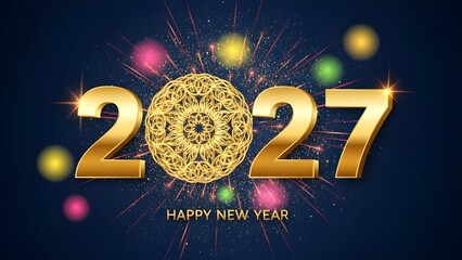 Golden 2027 New Year celebration with fireworks and sparkles