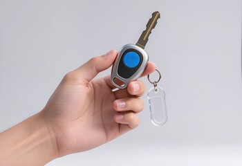 Hand holding modern car key. 