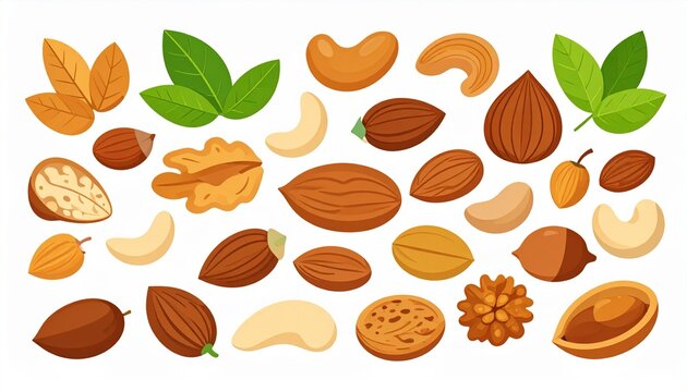 Assortment of Various Nuts and Seeds with Green Leaves, Healthy Food.