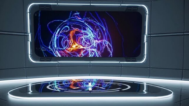 Circular lab platform with neural hologram, luminous pulsing brain map projected across curved display and glowing round table, sterile dark studio lit by blue and purple tracers, scene suggests
