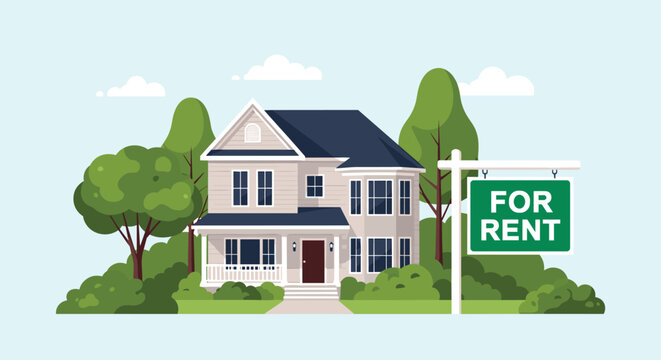 Charming two story residential house with a green for rent sign standing in a front yard with green trees and bushes.