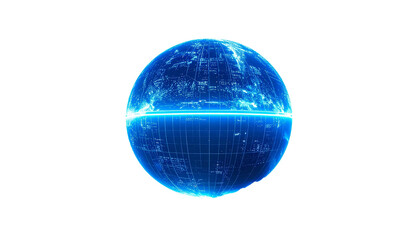 Digital sphere with neon blue accents, divided horizon on black