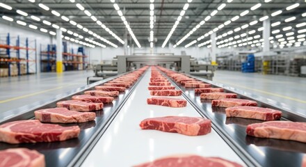 Rows of raw steaks moving along a conveyor belt in a large meat processing factory.
