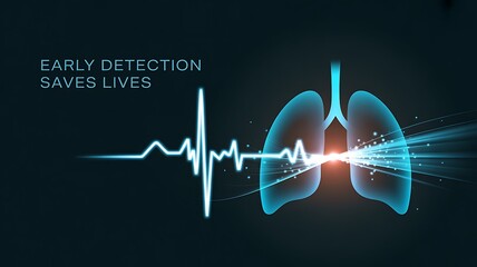Blue lungs with heartbeat line and light rays on dark background
