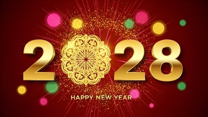 Happy New Year 2028 celebration with gold numbers and colorful lights