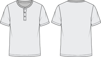 Men&rsquo;s henley t-shirt front and back view, short sleeve casual wear, button placket design, modern apparel fashion sketch