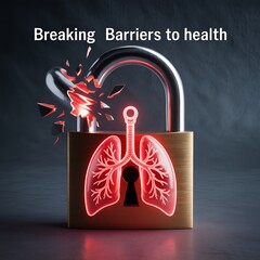 Red glowing lungs breaking through a golden padlock with a black keyhole