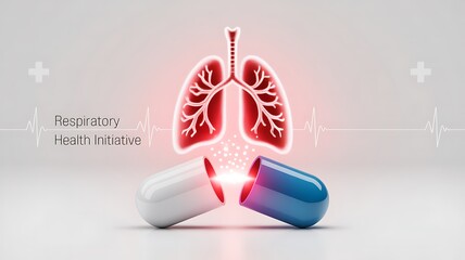 Red lungs with blue and white pills and medical symbols on a gradient background