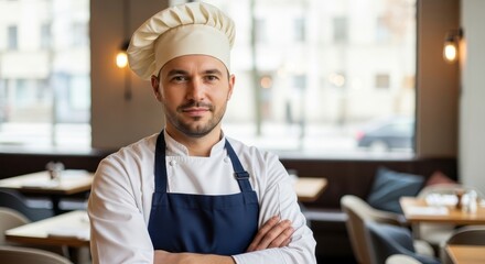 Confident male chef in white uniform and dark blue apron with crossed arms at a restaurant