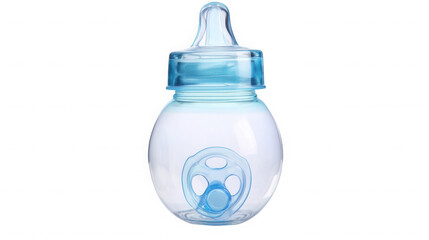 Clear baby bottle with blue cap and nipple for infant feeding on transparent background. on transparent background