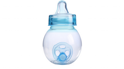 Clear baby bottle with blue cap and nipple for infant feeding on transparent background. on transparent background