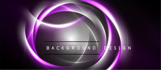 Abstract purple design features swirling lines, glowing effect. Dark background enhances luminosity, creating modern visual impact.