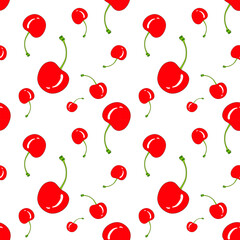 Seamless pattern of bright red cherries scattered across a soft yellow and white background, cheerful and cute, ideal for garment fabric, curtains, tablecloths, gift wrap, or decorative backdrops.