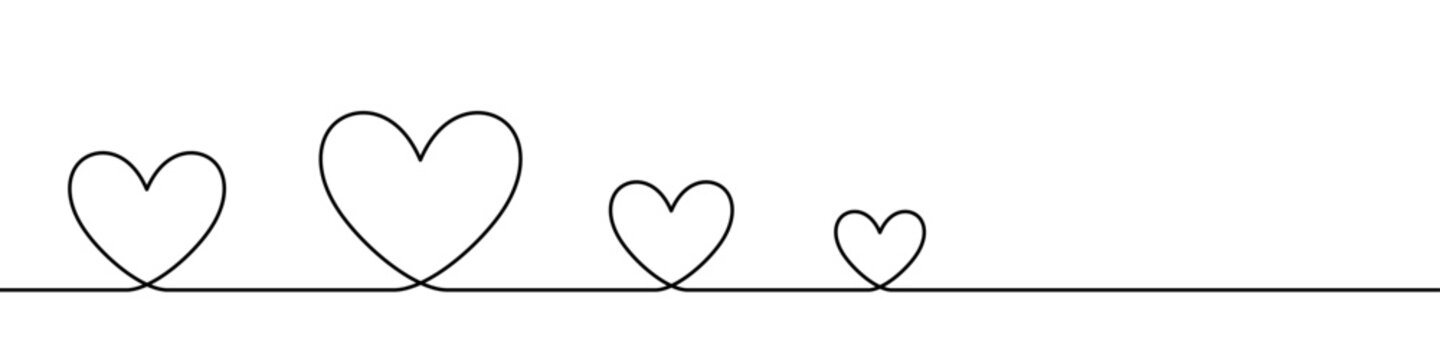 Group of hearts of various sizes in continuous line style. One line drawing symbolizing love, growth, and family relationship. Vector illustration with editable stroke.