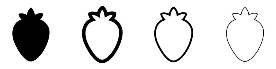 Strawberry icon. Strawberry berry with leaves: black silhouette and outline lines, isolated on a white background. Four style variations. Vector illustration. © chekman