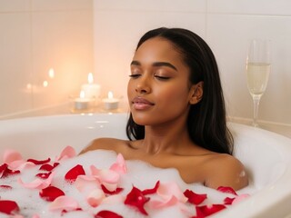 Radiant Woman Enjoying Self-Care Ritual, Relaxing Bath with Rose Petals for Valentine's Day
