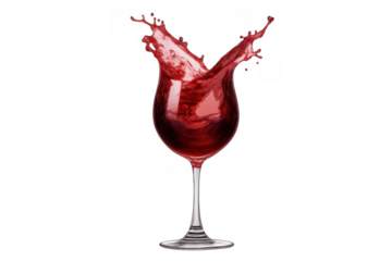 Red wine splashing out from glass, dynamic liquid motion creating splashes, celebration drink on transparent background