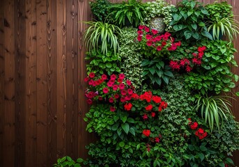 Lush vertical garden featuring bright red blossoms against a dark wooden backdrop provides vibrant natural texture