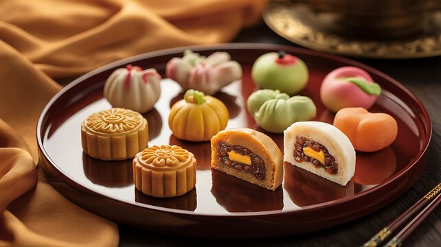 Chinese New Year Pastry Tray with Mooncakes, Fruit-Shaped Sweets, and Golden Fabric &ndash; Symbol of Tradition, Elegance, and Lunar Culinary Artistry
