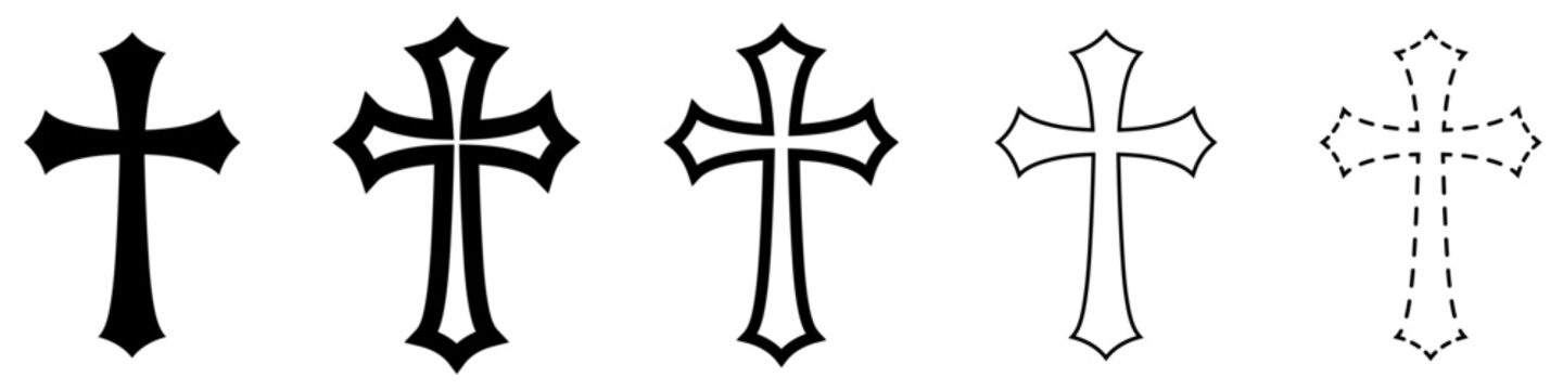 Religious cross icon. Stylized Latin cross with extended ends isolated on white background. Five style options. Vector illustration