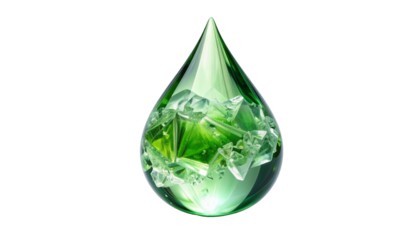 A glistening green teardrop filled with fractured, illuminated crystals