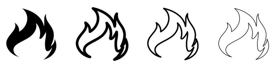 Fototapeta premium Flame icon. Symbol of fire: black silhouette and outline lines. Four style variations. Vector illustration.