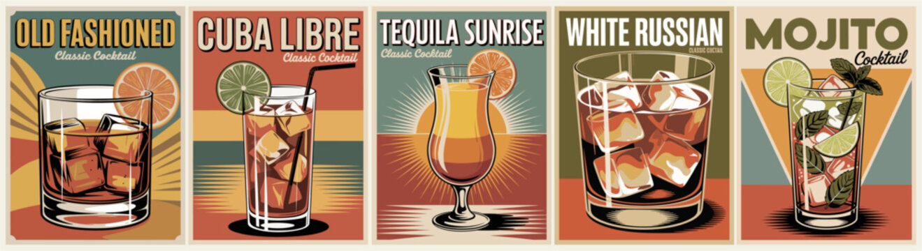 Retro-style poster series of five classic cocktails&mdash;Fashioned, Cuba Libre, Tequila Sunrise, White Russian, and Mojito&mdash;featuring bold colors and bar menu aesthetics.