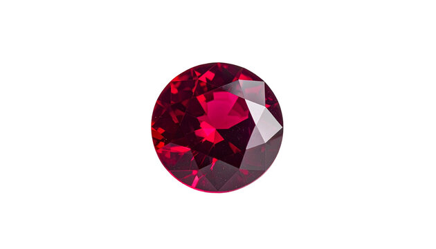 A faceted, round gemstone with deep red color, set against black