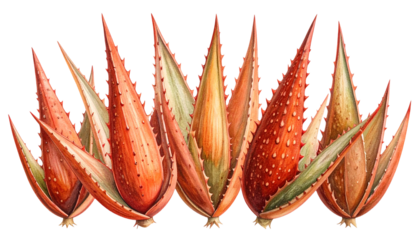 Watercolor painting of aloe plants, spiky, in varying shades of red, orange, and green
