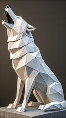 Geometric low poly wolf sculpture howling with head raised modern abstract art for interior design and conceptual projects isolated on dark background