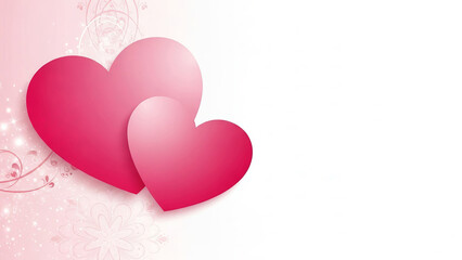 Two Glossy Pink Overlapping Hearts Floating on Soft Gradient Pink Sparkling Background	