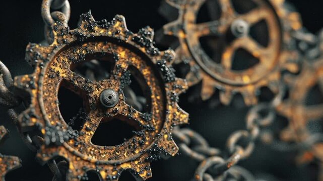 Rusty cogs interlocked linked by chains