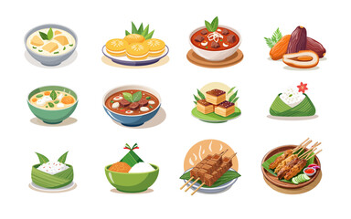Traditional Indonesian and Asian Eid al-Fitr Food Vector Set Featuring Ketupat, Opor Ayam, Sayur Lontong, Dates, Nastar Cake, Rendang, Dodol, Tape Ketan and Satay