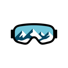 Sleek snow goggles vector illustration isolated on transparent background. Blue winter mask with alpine landscape reflection. Minimalist graphic for snowboarding store and tourism logo.