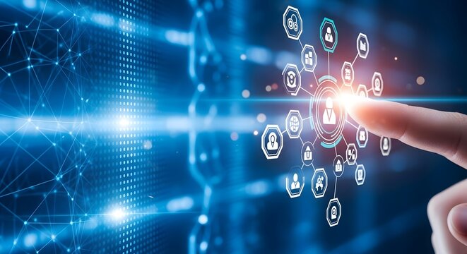 Finger touching digital human network icon representing social media community, HR management, and social networking concept - Powered by Adobe