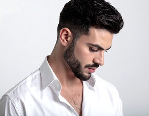 Fototapeta premium Man with dark hair and beard wearing white shirt, looking down against plain background