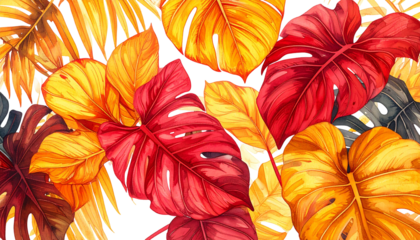 Vivid close-up of colorful tropical leaves in autumnal hues